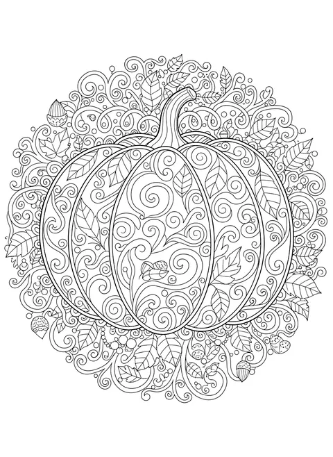 Detailed Pumpkin filled with swirls and leaves coloring page