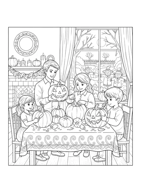 Detailed Family carving pumpkins at a table coloring page