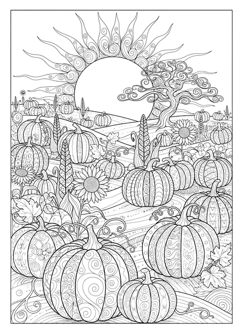 Detailed Detailed pumpkin patch at sunset coloring page