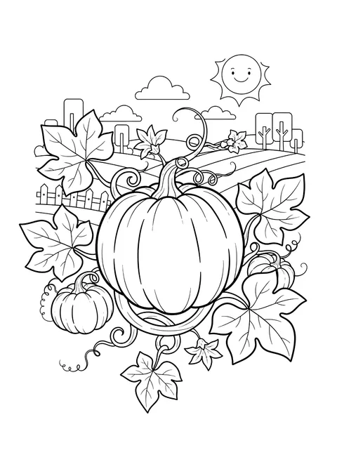 Pumpkin growing on a vine coloring page