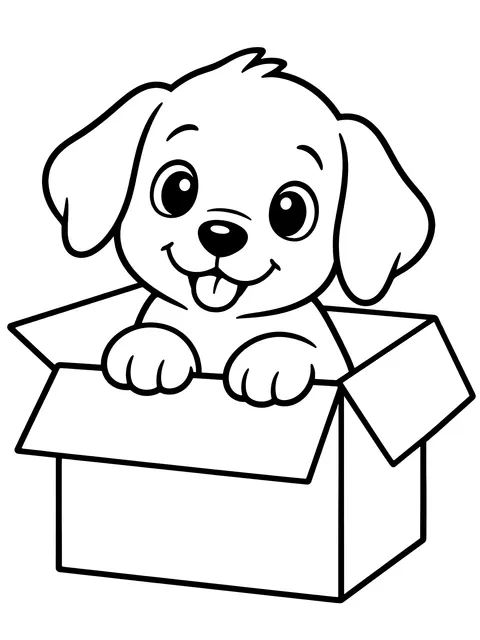 Easy Puppy peeking out of a box coloring page