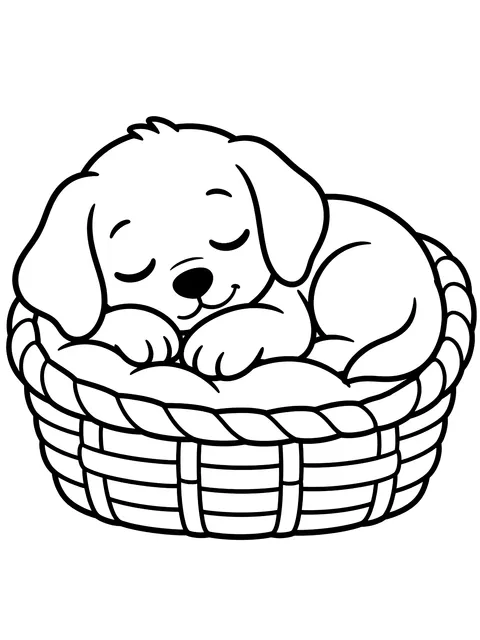 Easy Sleepy puppy in a basket coloring page