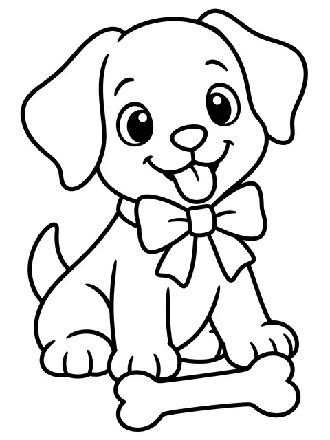 Easy Puppy with a bow and a bone coloring page