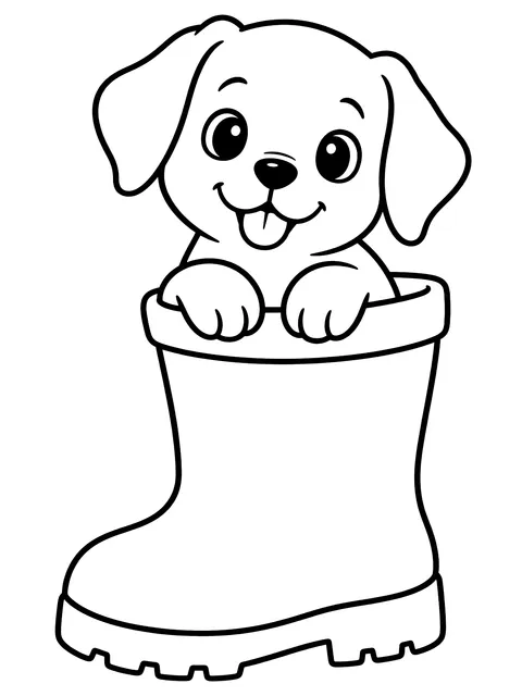 Easy Puppy sitting in a rain boot coloring page