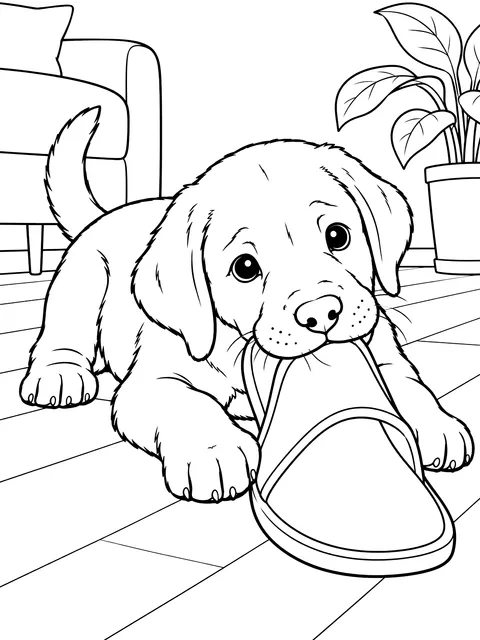 Labrador puppy chewing a slipper coloring page