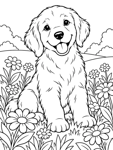 Golden retriever puppy in flowers coloring page