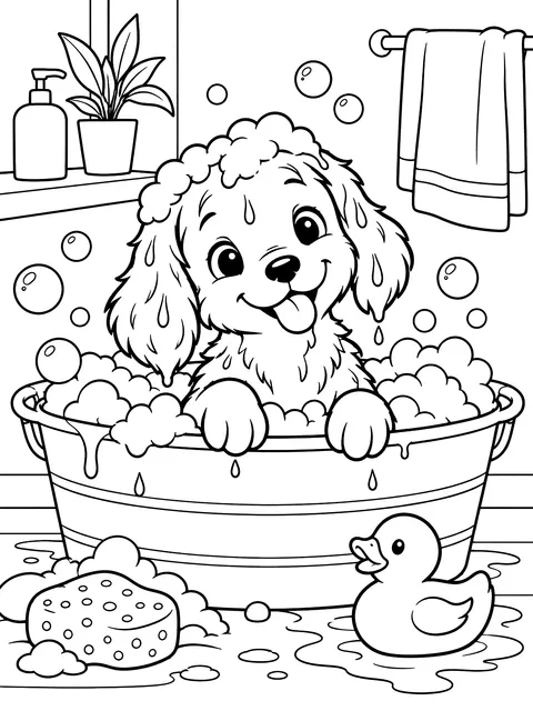 Puppy's first bath coloring page