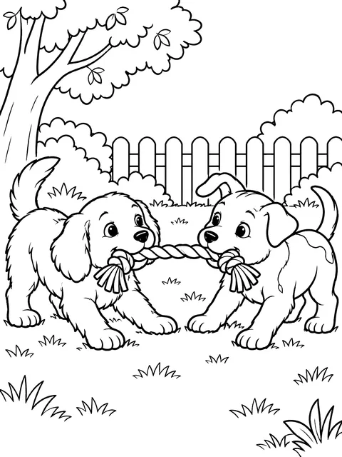 Two puppies playing tug with a rope coloring page