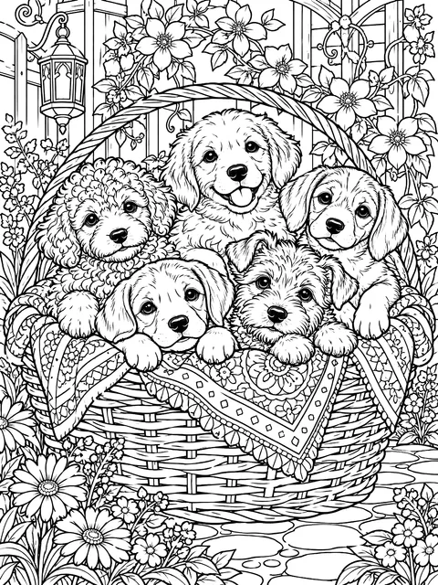 Detailed Litter of puppies in a basket coloring page