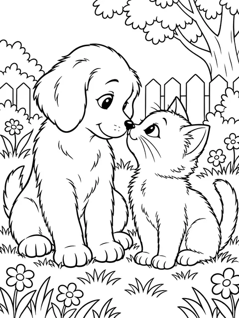 Puppy and kitten nose to nose coloring page