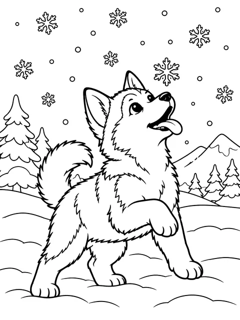 Husky puppy catching snowflakes coloring page