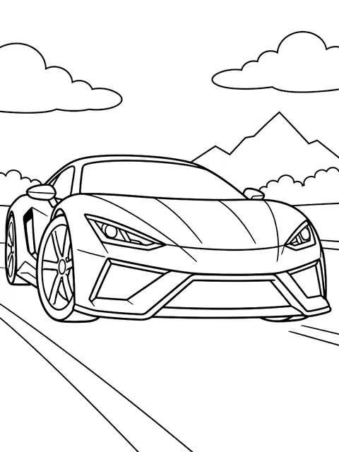 Supercar from a low front angle coloring page