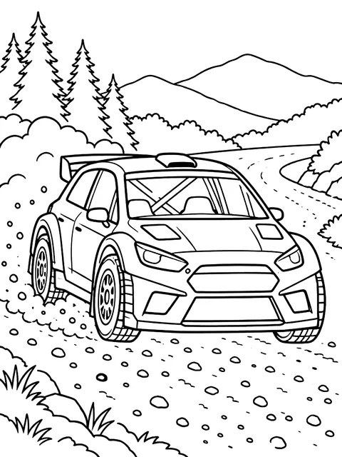 Rally car on a gravel road coloring page
