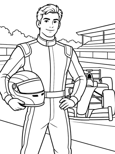 Race car driver holding a helmet coloring page