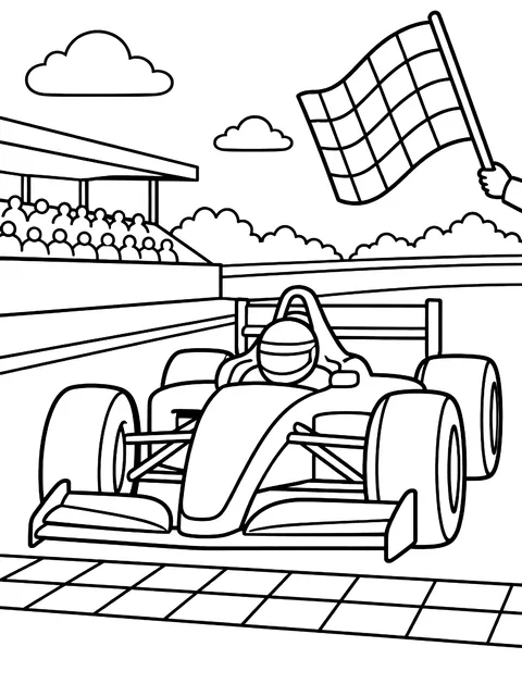 Race car crossing the finish line coloring page