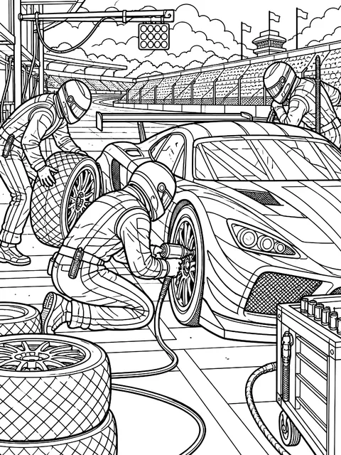 Detailed Pit stop tire change coloring page