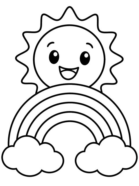 Easy Rainbow with a smiling sun coloring page
