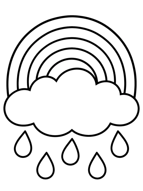 Easy Rainbow with a cloud and raindrops coloring page