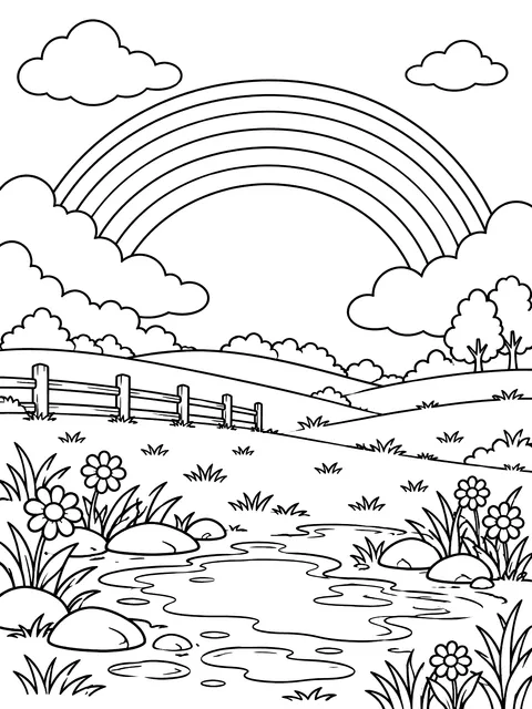 Rainbow over a field after rain coloring page