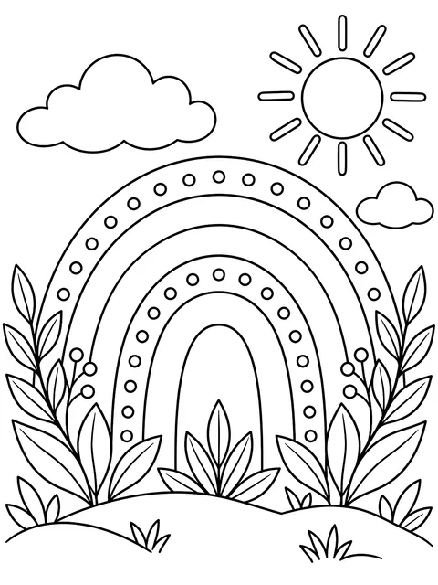 Boho rainbow with dots and leaves coloring page