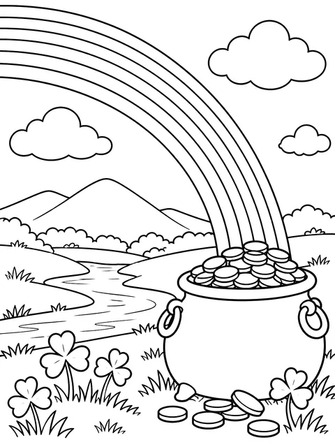 Rainbow with a pot of gold coloring page