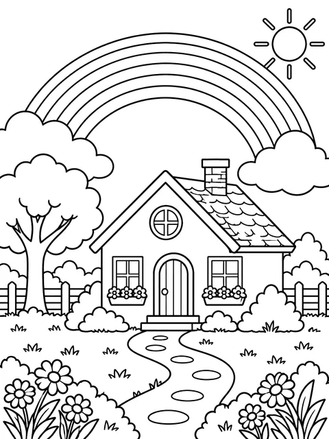 Rainbow over a house coloring page