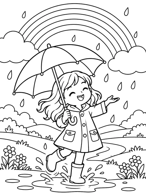 Child with an umbrella under a rainbow coloring page