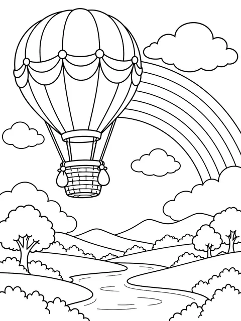 Hot air balloon flying past a rainbow coloring page