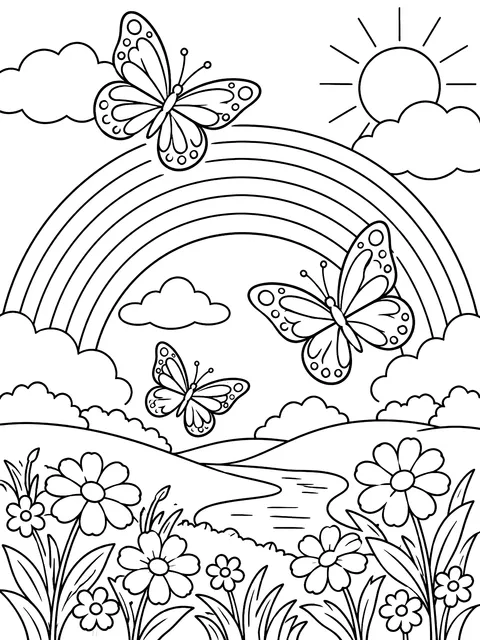 Rainbow with butterflies coloring page