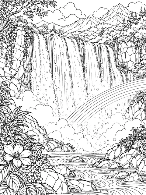 Detailed Rainbow in the mist of a waterfall coloring page