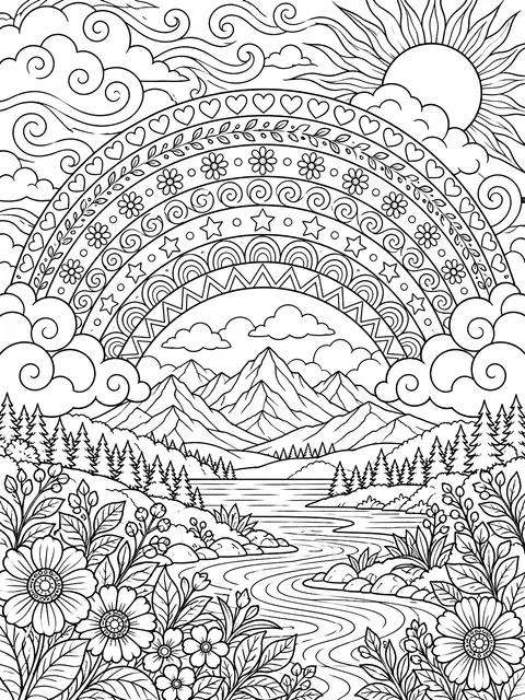 Detailed Rainbow with a different pattern in each band coloring page