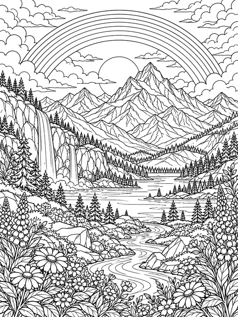 Detailed Rainbow over a mountain valley coloring page