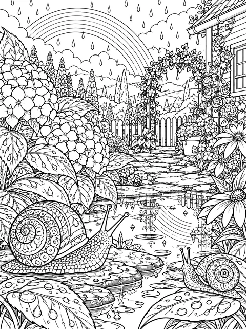 Detailed Garden after rain with a rainbow and snails coloring page
