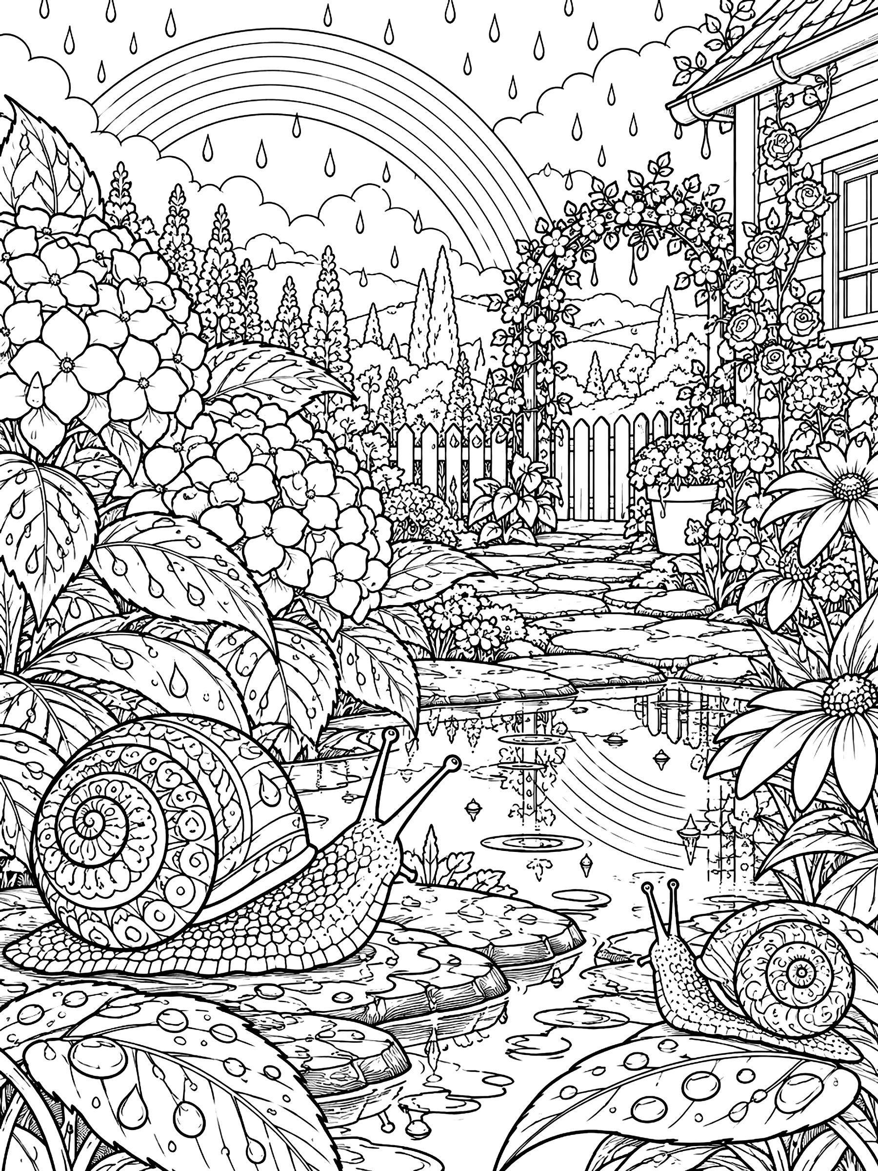 Detailed Garden after rain with a rainbow and snails coloring page