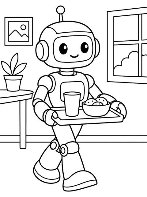 Helper robot carrying a tray coloring page