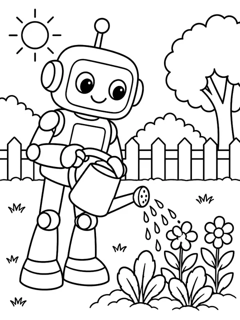 Robot watering plants coloring page