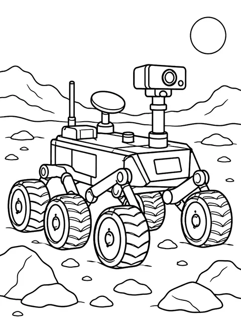 Six-wheeled rover on a rocky planet coloring page