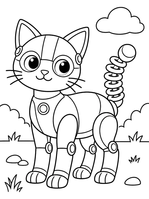Robot cat with a spring tail coloring page