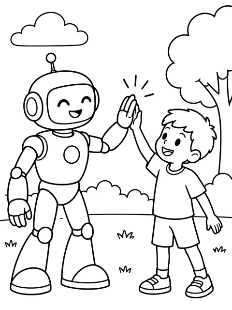 Robot and child giving a high five coloring page