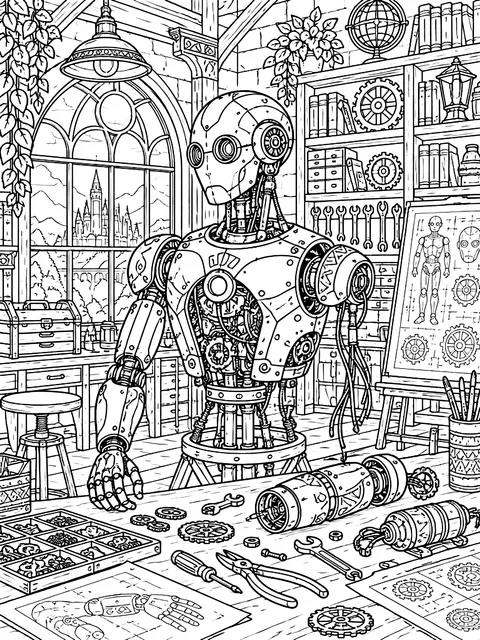 Detailed Inventor's workshop with a half-built robot coloring page