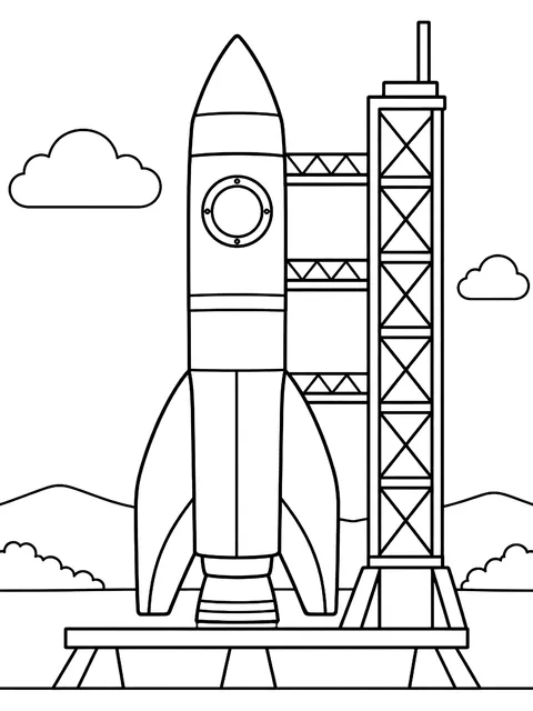 Rocket on the launch pad with a tower coloring page