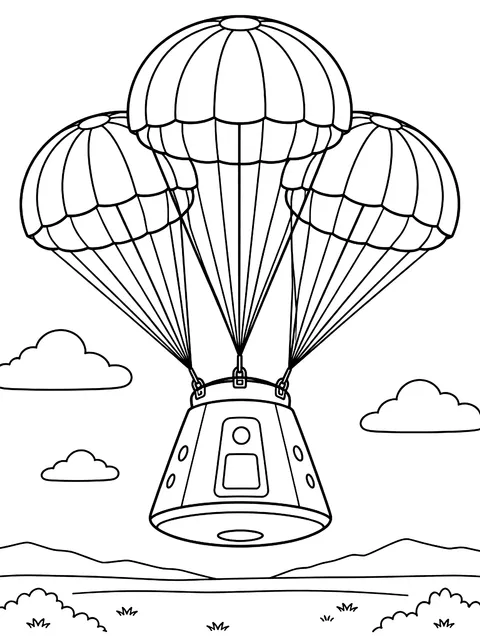 Crew capsule coming down under parachutes coloring page