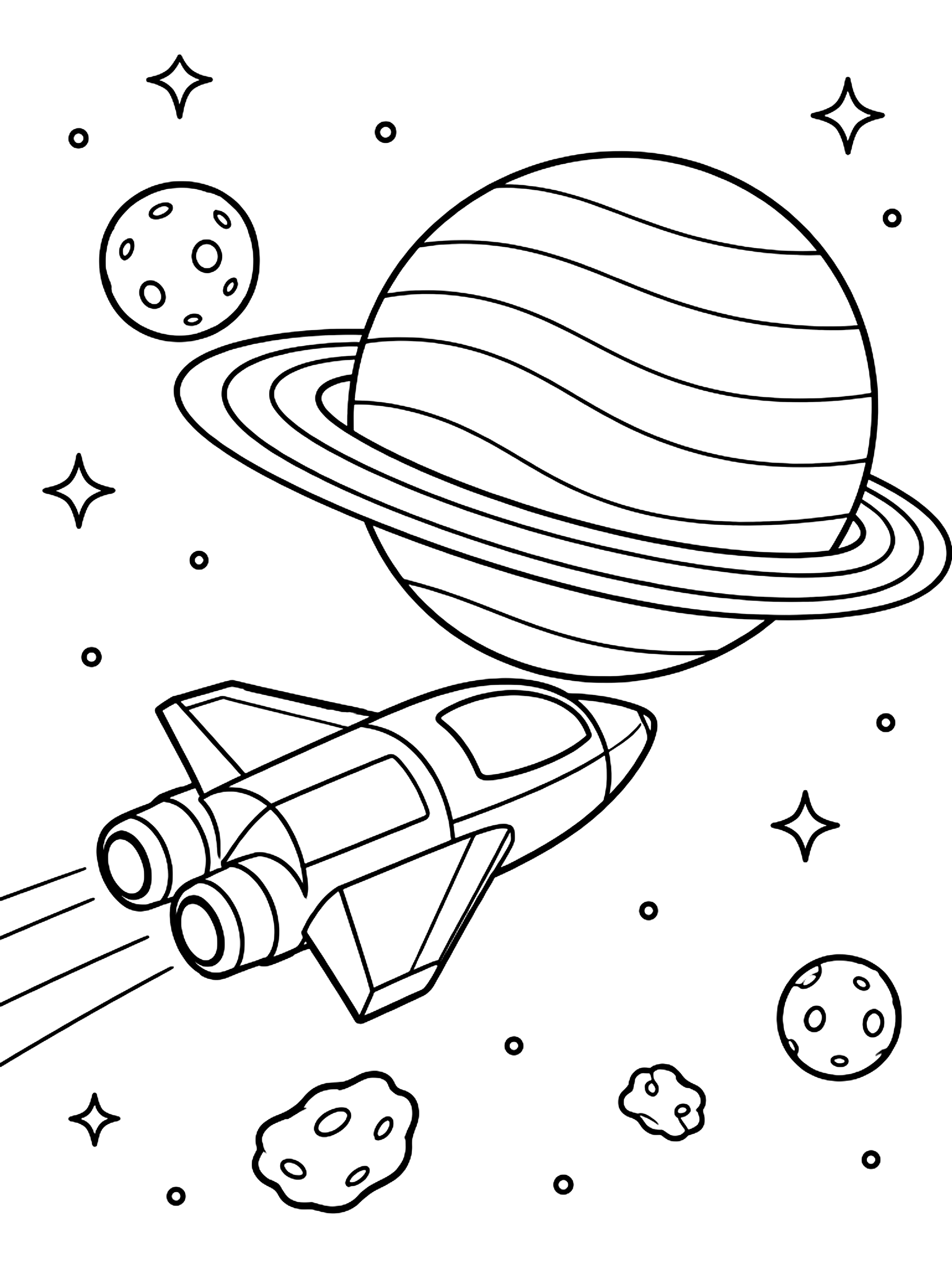 Spaceship passing a ringed planet coloring page