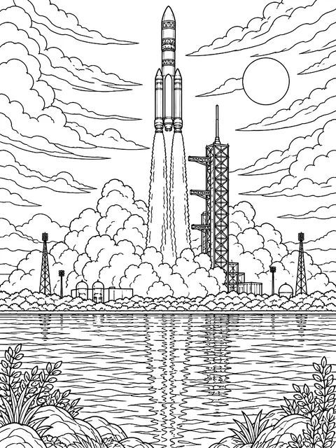 Detailed Rocket launch seen from across the water coloring page