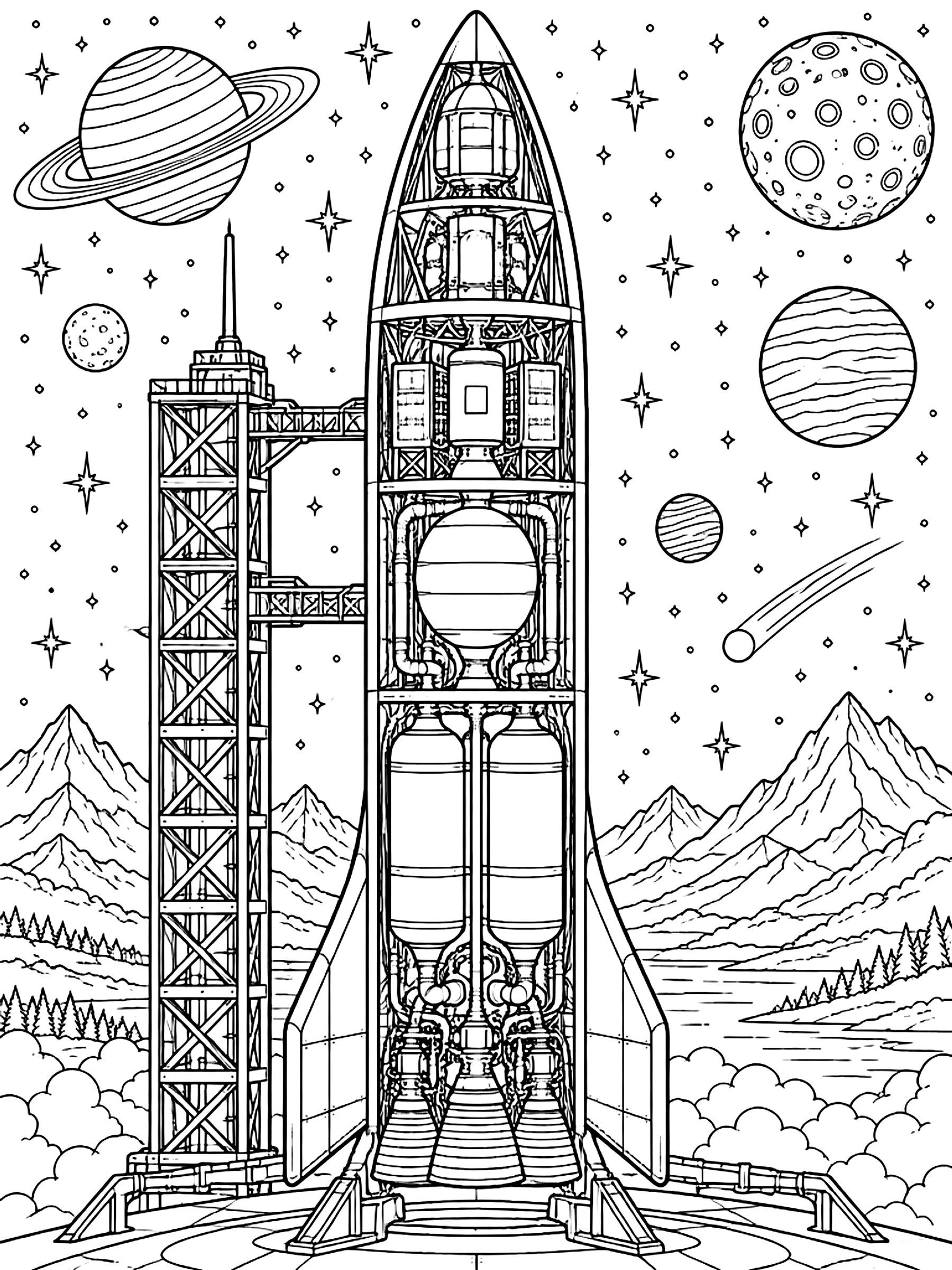 Detailed Rocket cutaway showing the stages inside coloring page