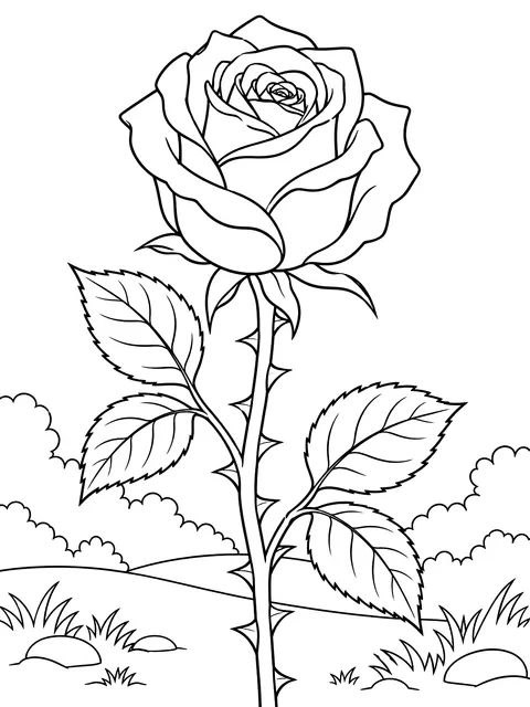 Long-stem rose with thorns coloring page