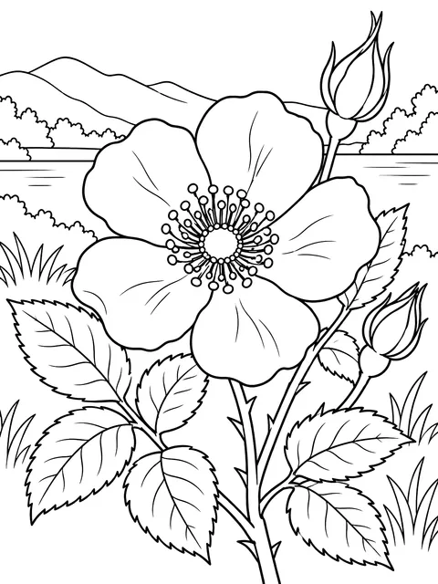 Wild rose with five petals coloring page