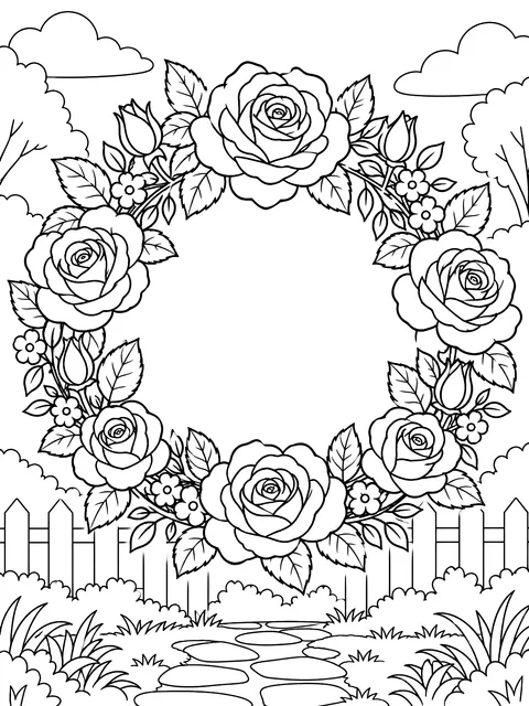 Rose wreath with space for a name coloring page
