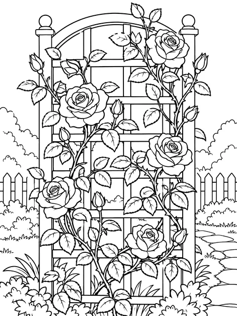 Climbing roses on a trellis coloring page