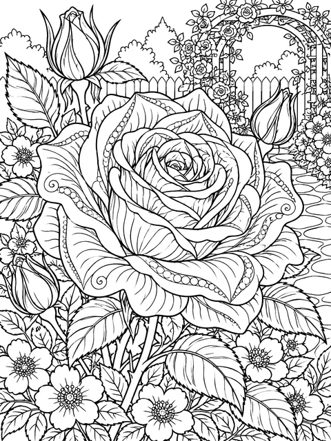 Detailed Detailed garden rose with many petals coloring page